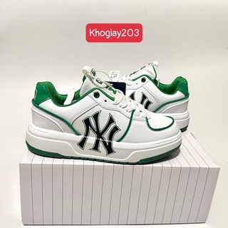 giày MLB chunky ofwhite NY trắng kem kẻ xanh, giày ML B x MC QUÊN đé cao viền xanh lá cao cấp