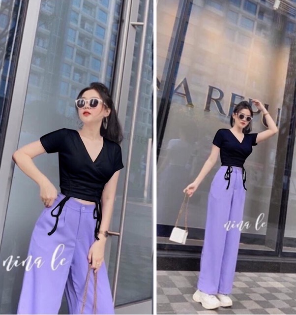 Áo kiểu cổ V croptop rút dây eo