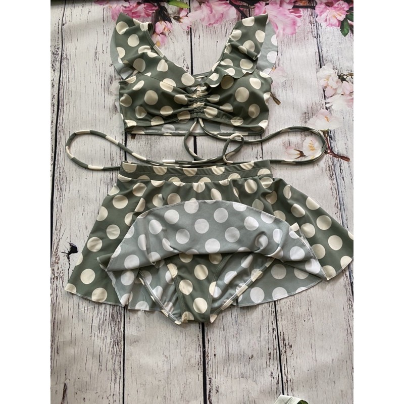 sét bikini váy xoè kèm áo bèo bi xanh