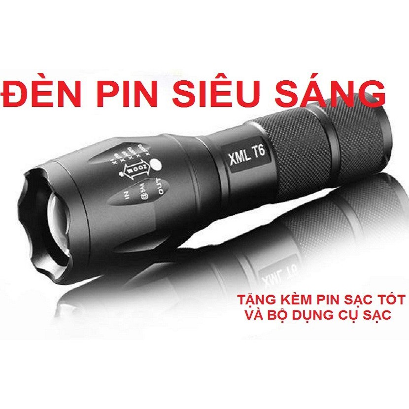Đèn pin siêu sáng chiếu xa cao cấp XML-T6, Đèn Pin Cầm Tay T6 nhôm nguyên khối chống nước [Tặng pin &amp; Sạc Zoom X2000m ]