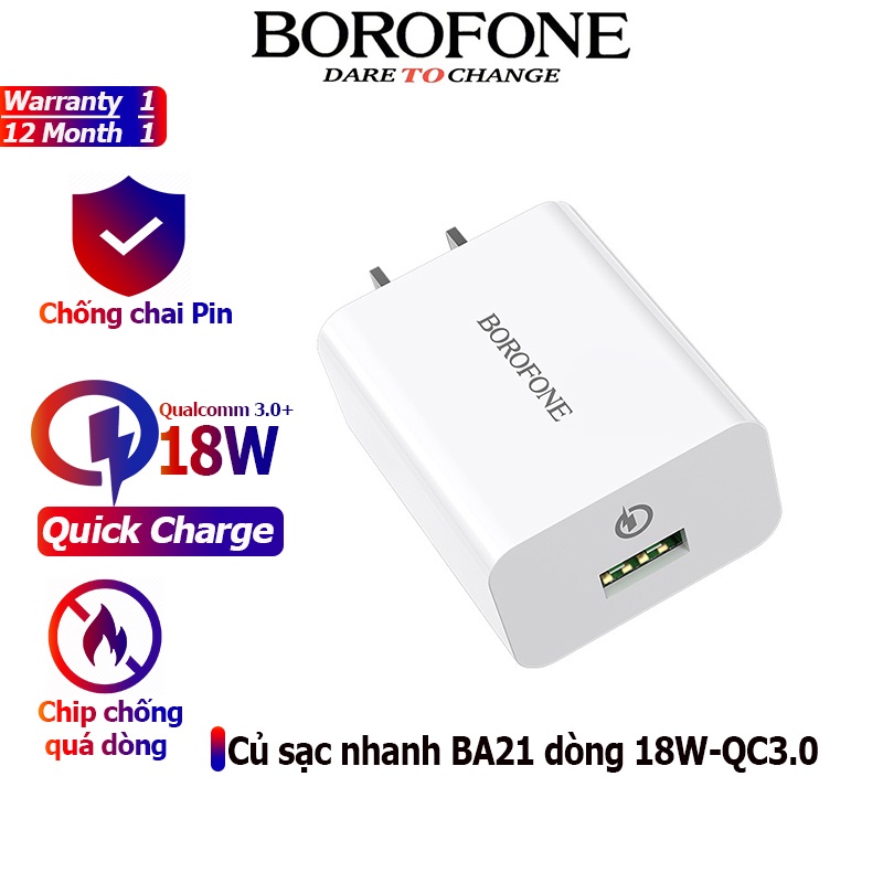 Củ sạc nhanh 18W - QC3.0 BOROFONE BA21 cổng USB - Chính hãng