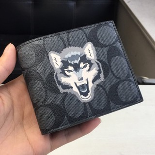 COACH Ví da gấp đôi sang trọng cổ điển  / Ví in hình đầu sói ngắn 31522
