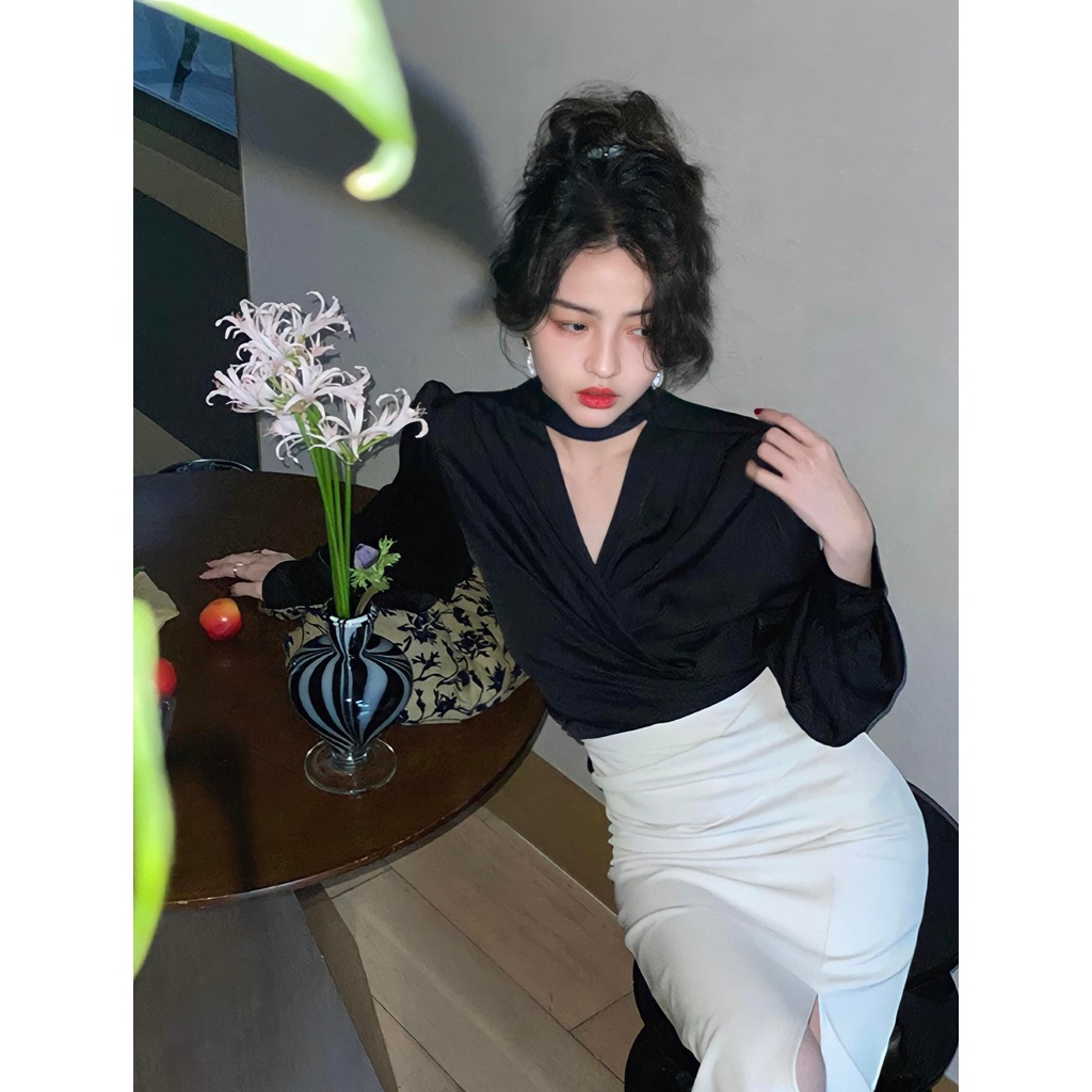Set Áo Sơ Mi Kiểu + Chân Váy Chữ A Xẻ Ngang Hông Phong Cách Retro Cho Nữ