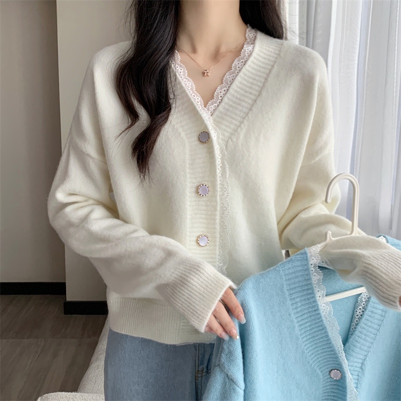 Áo Khoác cardigan Dệt Kim Cổ Chữ V Phối Ren Thời Trang Thu Đông Hàng Mới 2022