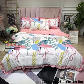 Bộ chăn ga gối đũi trần bông set cò nhiệt đới hồng 4 món nhập khẩu