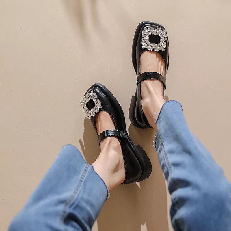 Giày búp bê nữ lolita đính nơ đá mũi vuông da mềm đế êm phong cách Ulzzang thời trang mã V80