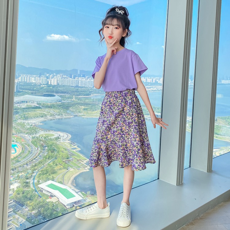 Bộ Áo Thun + Chân Váy In Hoa Màu Tím Phong Cách Mới Dành Cho Bé Gái 170