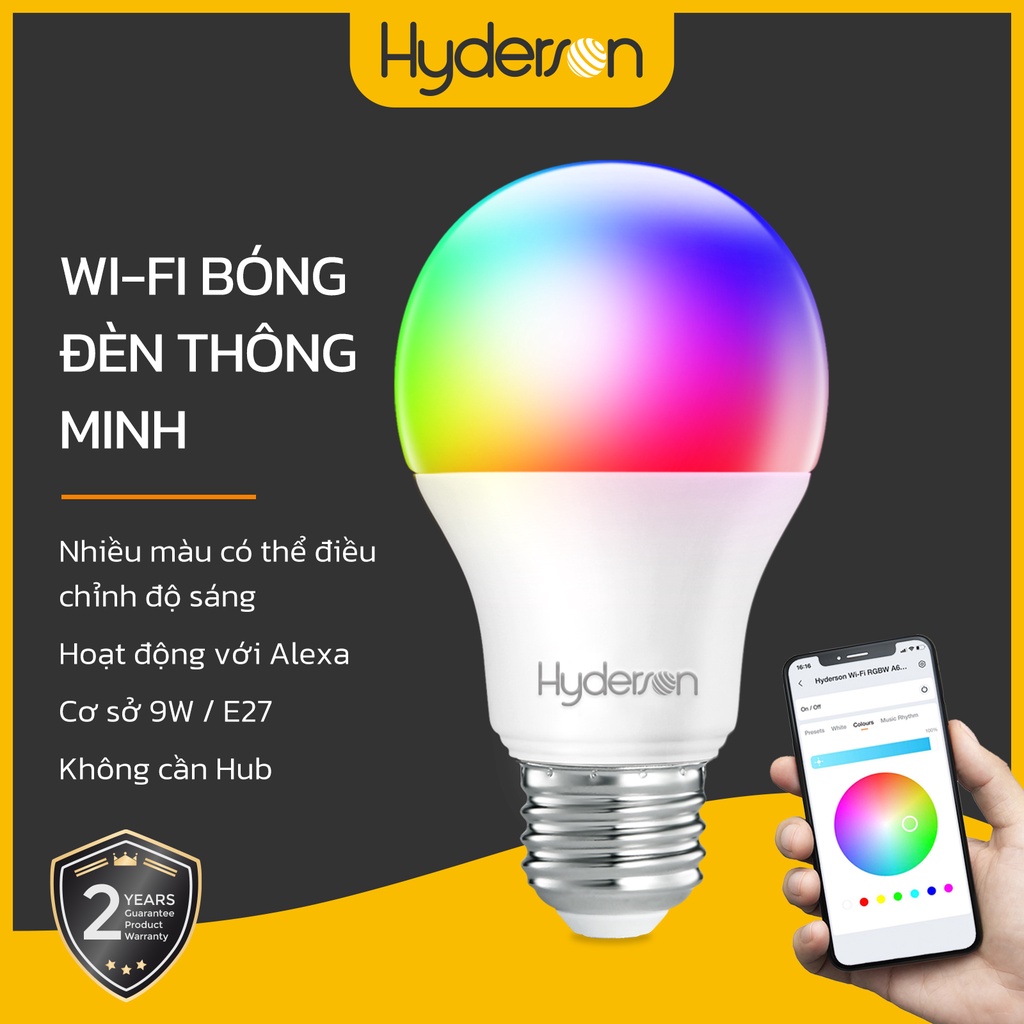 Bóng đèn WiFi thông minh Hyderson Bóng đèn LED 9W E27 RGBW Đèn điều khiển thông minh Nhiều màu có thể điều chỉnh độ sáng / Trắng, Hoạt động với Alexa Goo-gle Home Không cần Hub