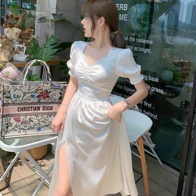 Váy tay ngắn cổ kiểu, chân váy sẻ tà dáng dài maxi cho nàng dự tiệc dạo phố đi biển