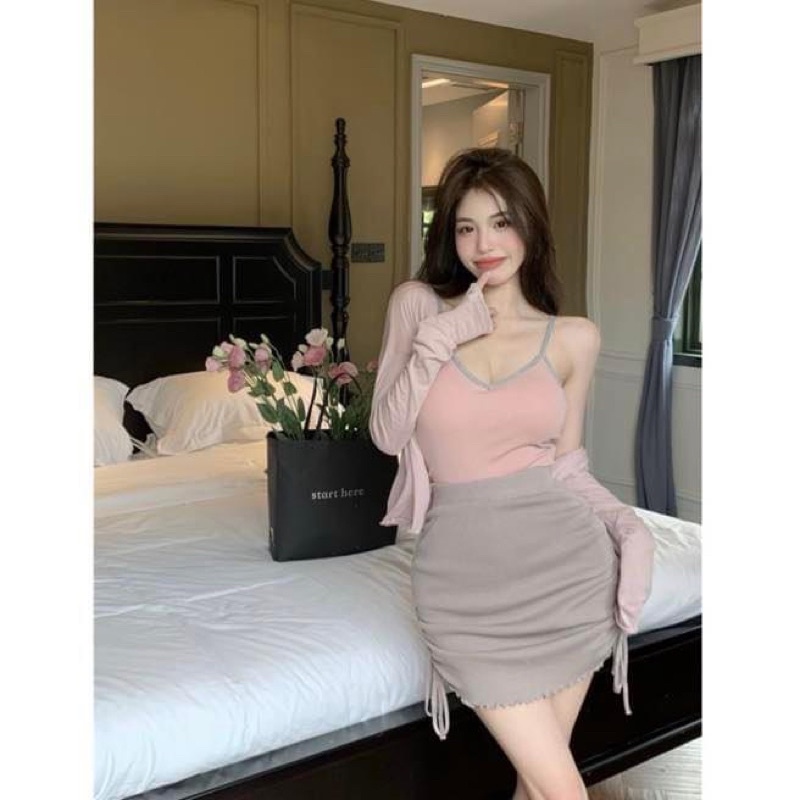 Set áo kiểu hai dây thun trơn kèm áo khoác cardigan tay dài mỏng và chân váy ngắn ôm body thun co dãn - Order taobao
