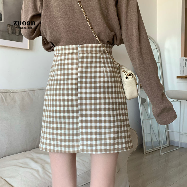 Chân váy SUXI chữ A eo cao hoa văn kẻ ô phong cách hàn quốc dành cho nữ