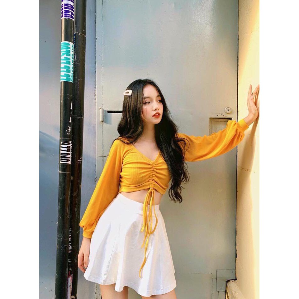 Áo croptop thun gân rút giữa ngực phong cách TTSA0044