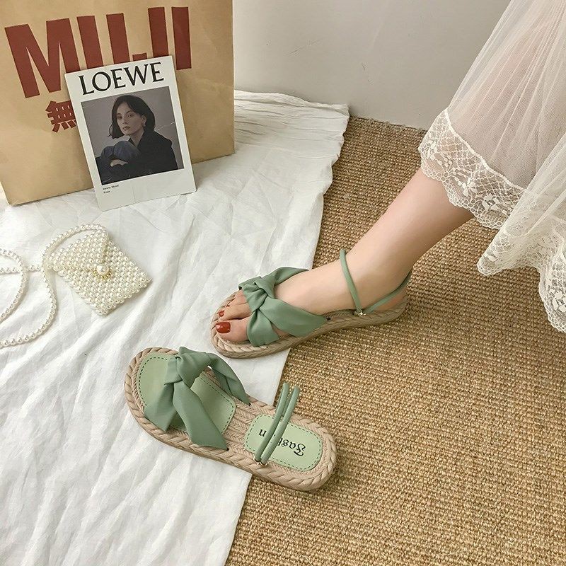 Dép sandal nữ cói nơ đế bằng xanh và be