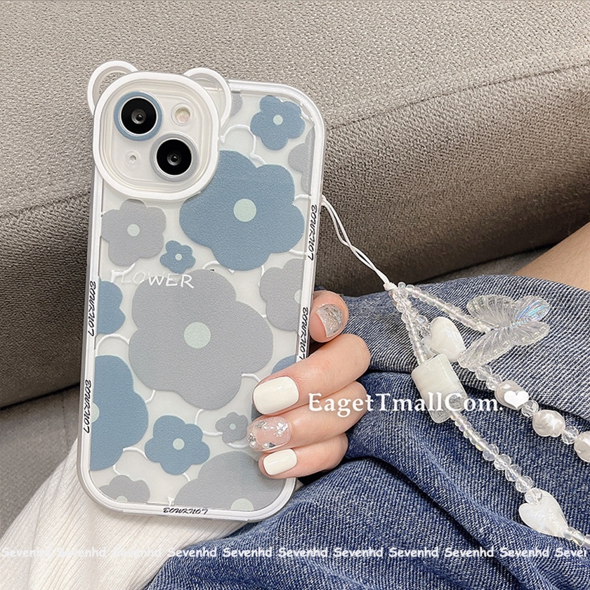 Ốp Điện Thoại Dẻo Họa Tiết Tai Gấu &amp; Hoa Màu Xanh Dương Xinh Xắn Cho iPhone 13 12 11 Pro Max Xs Max Xr X 7 8 6 6s Plus