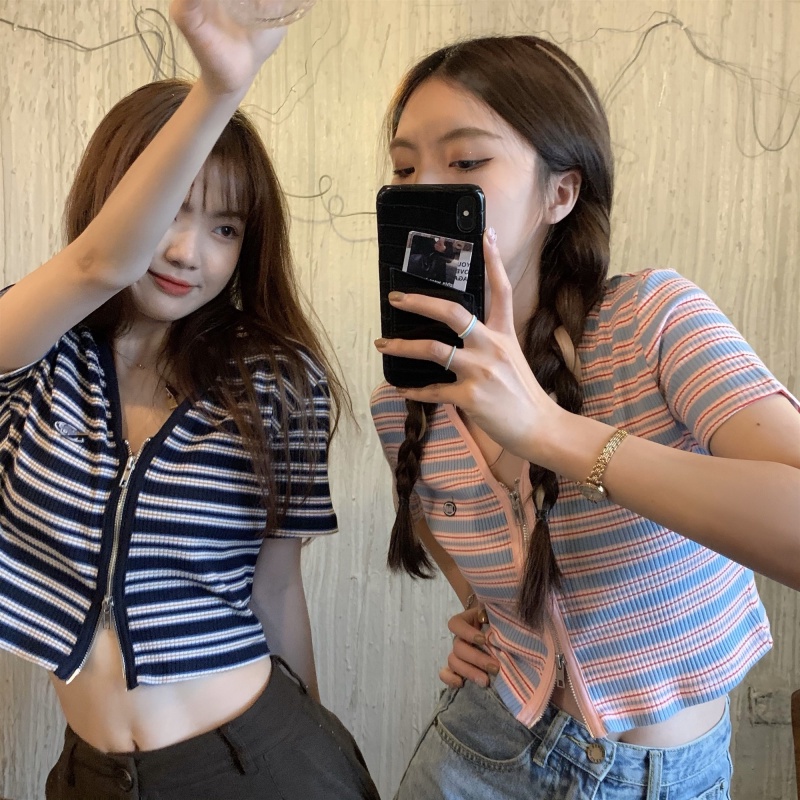 Áo dệt kim SUXI tay ngắn cổ chữ V kẻ sọc phối khóa kéo thời trang mùa hè cho nữ