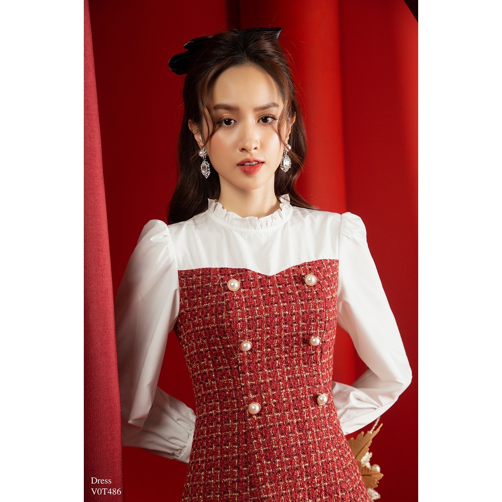[Mã 11FASHIONSALE giảm 12% đơn 99K] Váy dạ tweed đỏ phối trắng 6 khuy TIINSTORE V0T486 | BigBuy360 - bigbuy360.vn