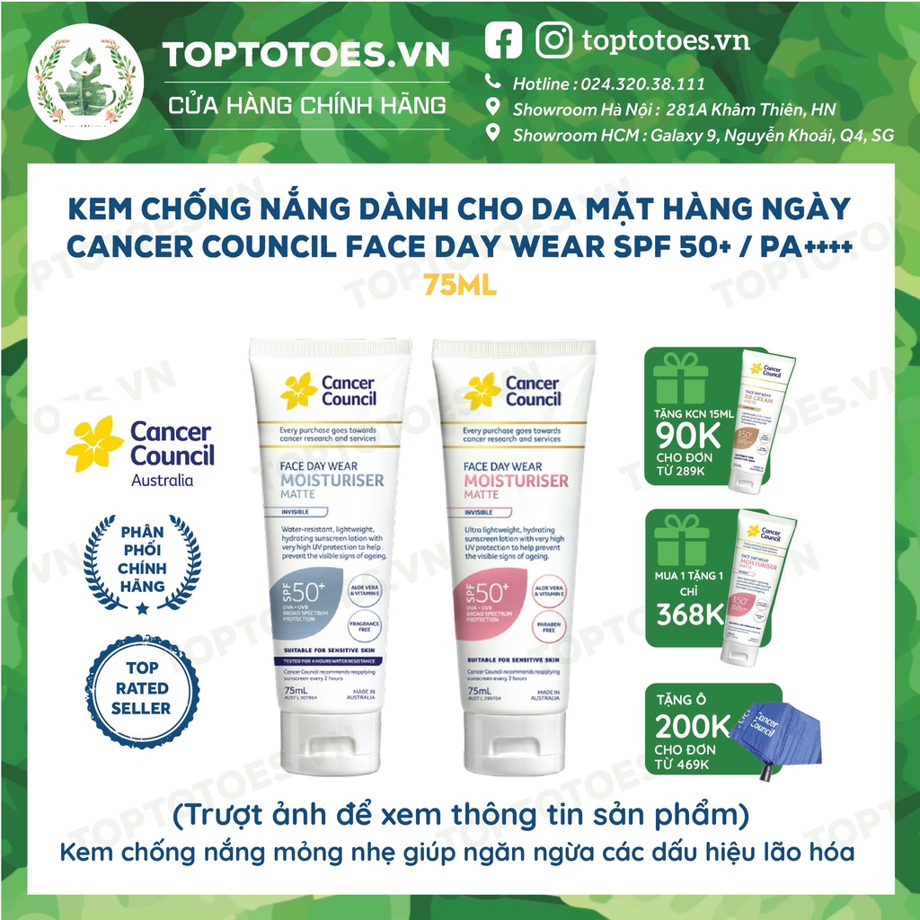 Kem chống nắng Cancer Council Face Day Wear Invisible SPF 50+/ PA ++++ dành cho da mặt hàng ngày