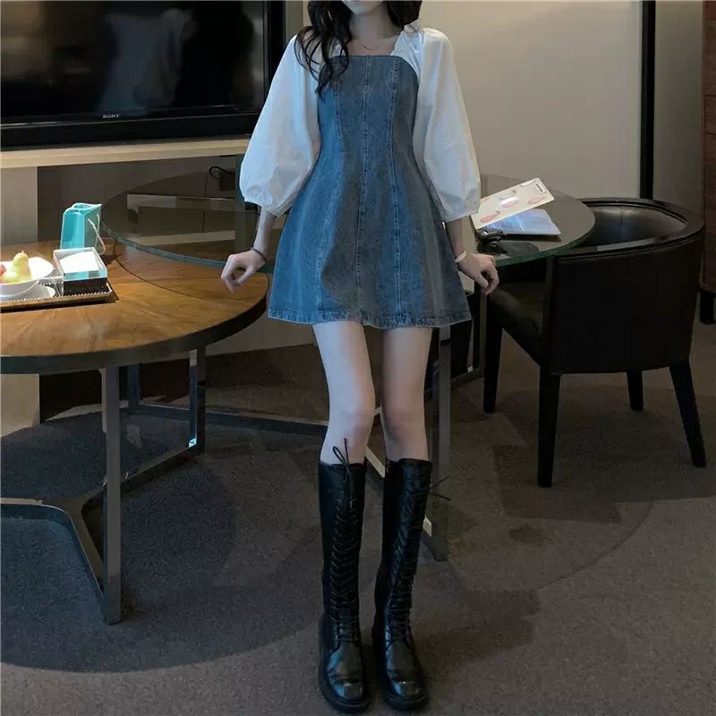 Váy Đầm Bò Jeans Denim Dáng Xòe Ngắn Váy Jean Bánh Bèo Váy Trễ Vai Tay Dài Nữ Kiểu Hàn Quốc Váy Đi Chơi VB002