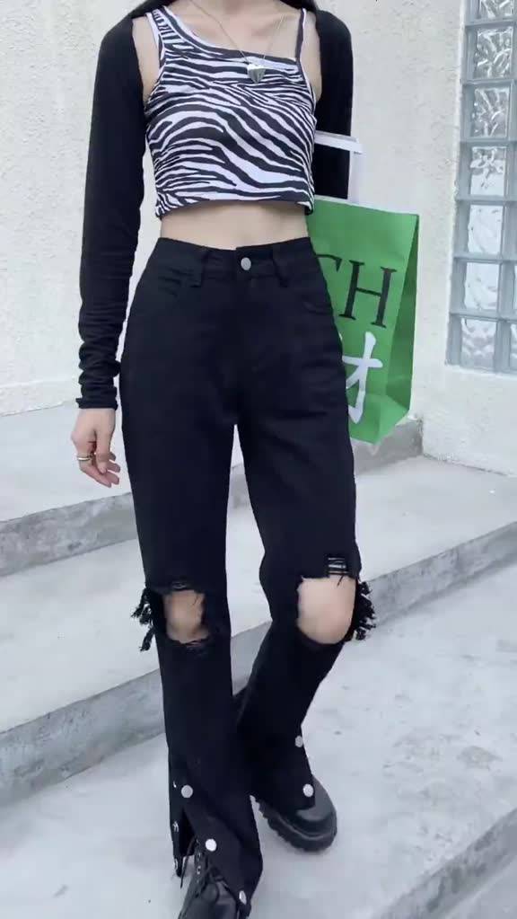Ethelgirl Quần Jean Dài Lưng Cao Ống Suông Xẻ Tà Thời Trang Vintage Đường Phố Mỹ Dành Cho Nữ | BigBuy360 - bigbuy360.vn