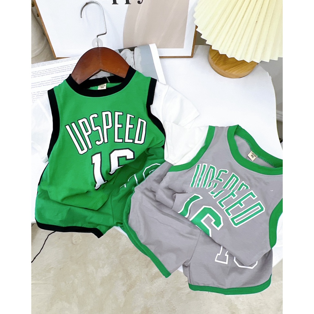 Bộ cộc tay bé trai, bộ cotton bóng chày Upspeed phối màu khỏe khoắn cho bé