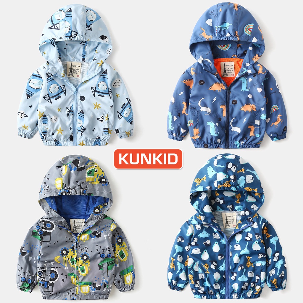 Áo gió bé trai lót lưới cao cấp Áo khoác gió trẻ em KUNKIDS lót lưới, chống nước, hoạ tiết hoạt hình siêu đẹp