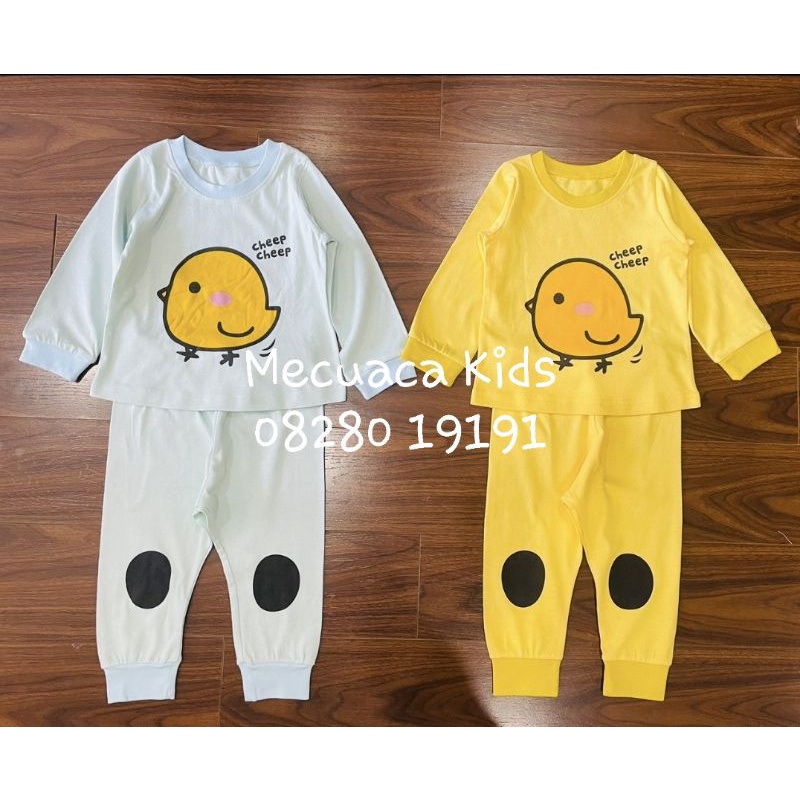 Bộ ngủ cotton mặc nhà dài tay thu đông bo gấu hình con vịt màu vàng màu xanh vải xuất Hàn cho bé trai bé gái