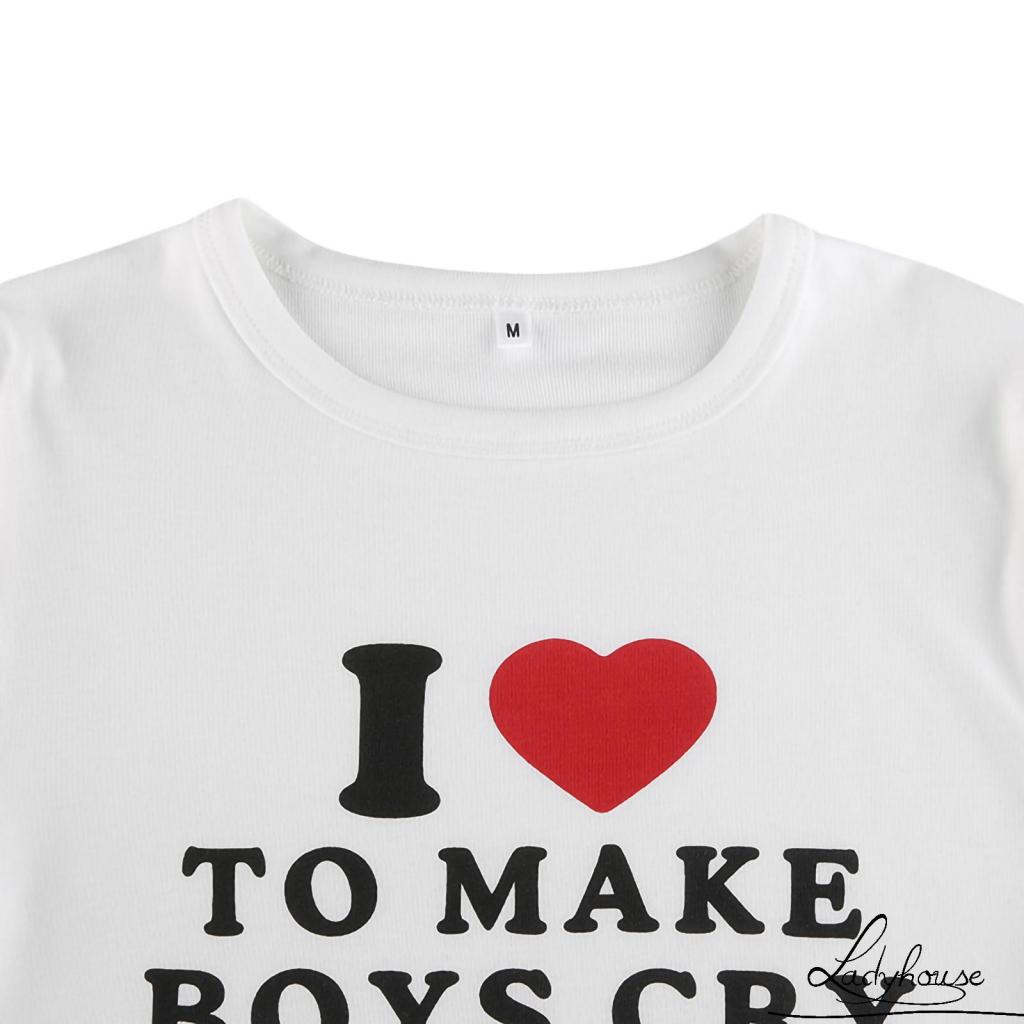 LDD-Women´s Crop Tops, Crew Neck Short Sleeve Letter Print Slim Fit Pullover T-Shirt for Young Ladies