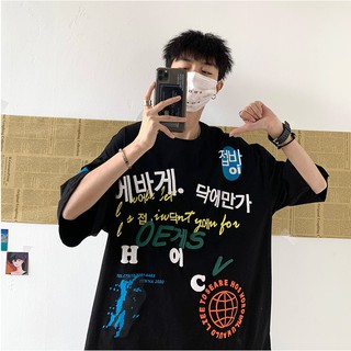 Áo thun tay ngắn lửng in họa tiết graffiti dáng rộng dành cho cặp đôi