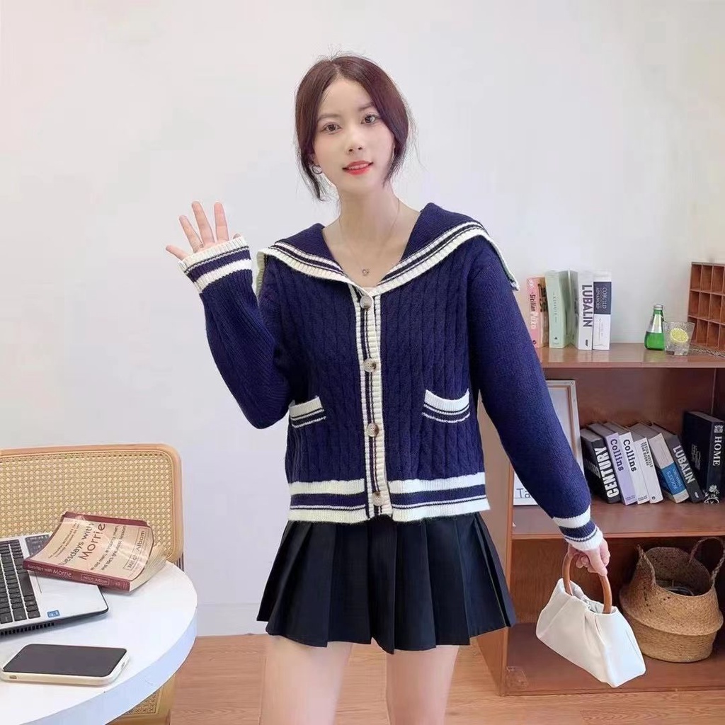 Áo Khoác Dệt Kim Cổ Thủy Thủ Màu Sắc Tương Phản Phong Cách Retro Thời Trang Xuân Thu Mới