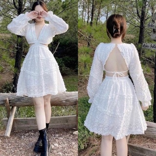 Đầm lông trắng tay dài khoét/cut eo hở lưng độc lạ sang trọng, đầm váy ngắn xoè tiểu thư công chúa hot girl dễ thương