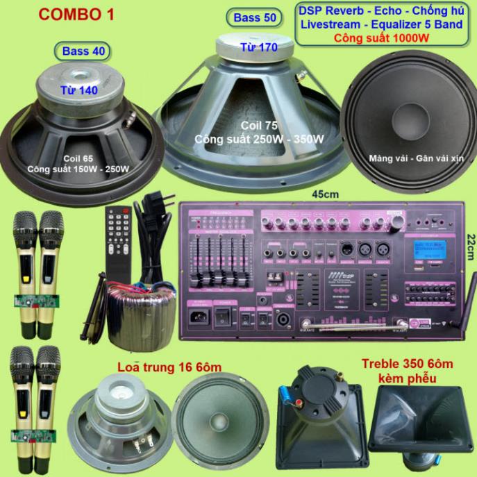 Mạch loa kéo 3 loa công suất thực 1000W DSP Reverb Echo Livestream có chống hú - Equalizer 5 Band kèm 4 tay micro