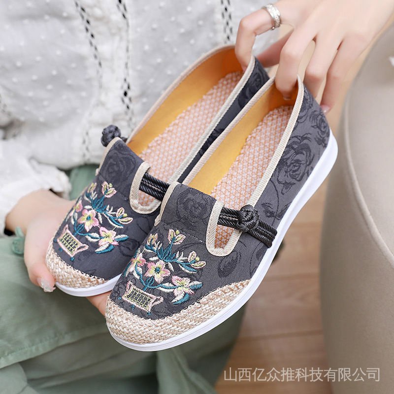 Giày Lười Vải Lanh Đế Mềm Chống Trượt Thêu Họa Tiết Thổ Cẩm Xinh Xắn Cho Nữ