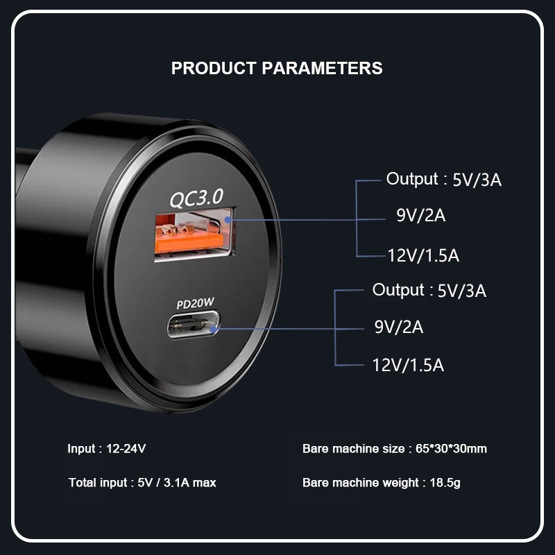 Tẩu Sạc 2 Cổng USB PD20W+QC3.0 38W 24V Dành Cho Ô Tô