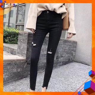 [Size Đại 30-34] Quần Dài Jean Đen Rách, Tua Lai - Lưng Cao, Siêu Co Giãn