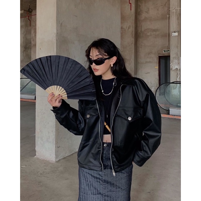 Áo khoác da local brand Destruction màu đen cổ bẻ form boxy