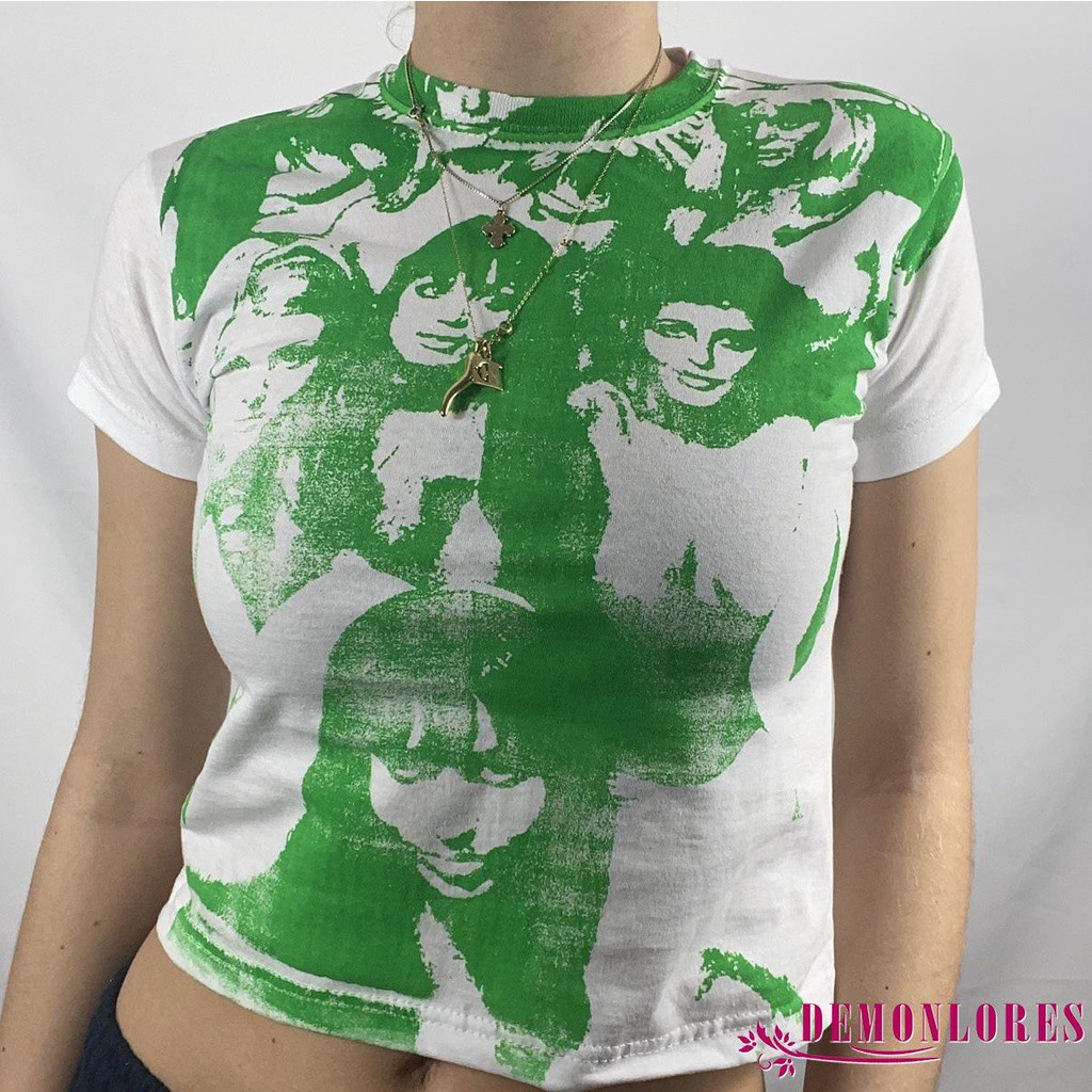 Áo Croptop Tay Ngắn Cổ Tròn In Hình Chân Dung Cho Nữ