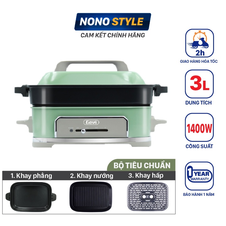 Nồi Lẩu Điện Đa Năng Gevi, Nồi Lẩu Nướng Hấp Đa Năng 3 Trong 1, Dung Tích 3L, Công Suất 1400W, Bảo Hành 12 Tháng