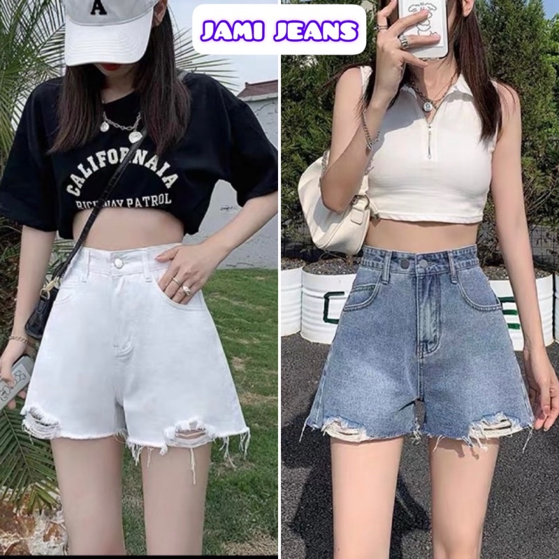 Quần sọt Jeans Nữ Quần Bò Nữ Lưng Cao Rách Nhẹ Chất Vãi Mềm Mại