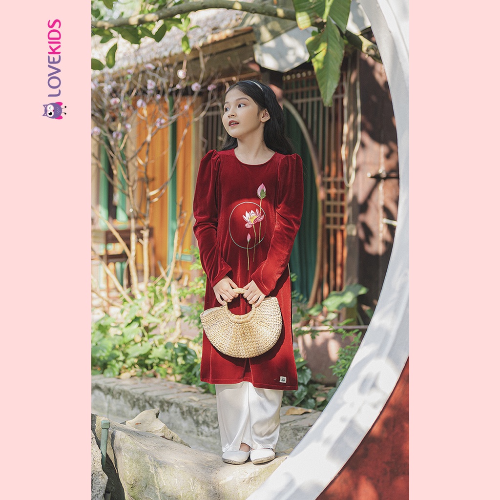 Áo dài nhung thêu hoa sen tay bồng BG | Lovekids