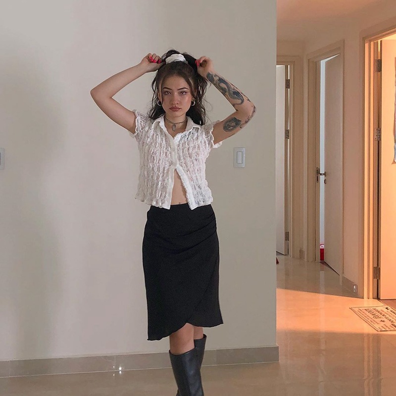 Áo kiểu DUNEA tay ngắn phối ren xếp ly thời trang quyến rũ cho nữ