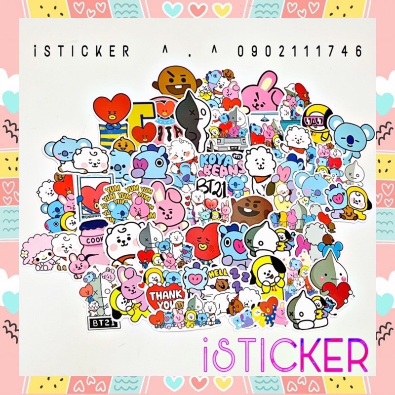 Sticker cute BT21 chất liệu PVC nhám cao cấp chống thấm dán xe, vali, laptop, mũ bảo hiểm, điện thoại,..