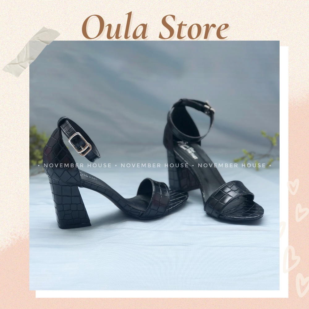 Giày sandal cao gót nữ quai bản ngang hoạ tiết da rắn đen thời trang nữ - SD45 - Oula Store