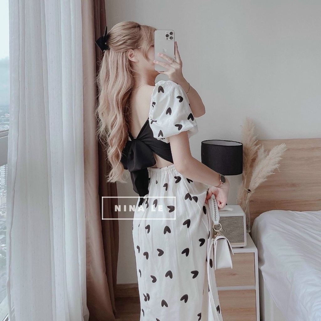 Đầm xòe hoạ tiết nơ ngực có mút xinh xắn