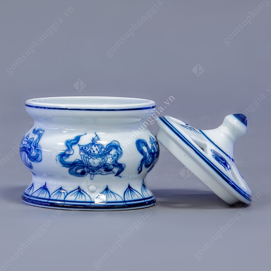 Lư Đốt Trầm Hương men Lam Trắng Trơn tài lộc, đồ thờ cúng Phùng Gia - Gốm sứ Bát Tràng cao cấp