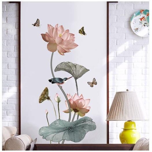 Decal dán tường trang trí - Sen hồng lá xanh cùng chim sẻ và bướm xanh cao cấp