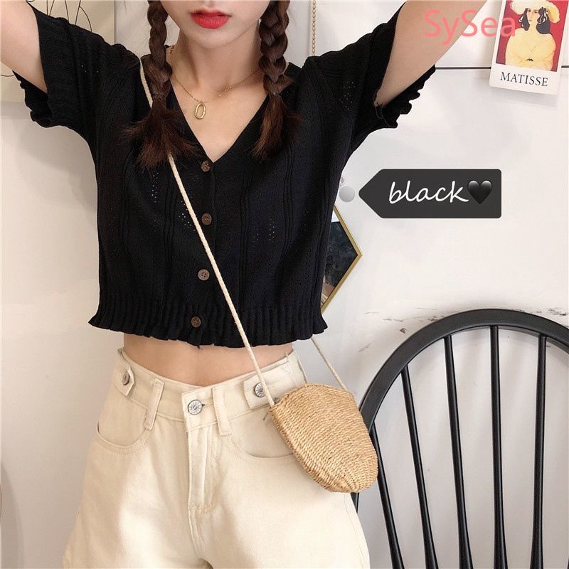 Áo Thun Dệt Kim Cổ Chữ V Phong Cách Retro Cho Nữ