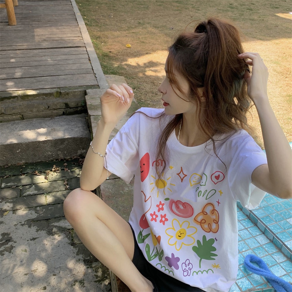 Áo Thun Cổ Tròn Dáng Rộng In Hình Hoa Lá Mùa Hè Phong Cách Hàn Quốc Mới Cho Nữ