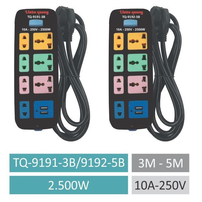 Ổ cắm điện Thiên Quang 6 ổ cắm, 2 ổ USB, 1 công tắc, có đèn báo đỏ,10A – 250V - 2500W, dây 3m (TQ9191-9192)