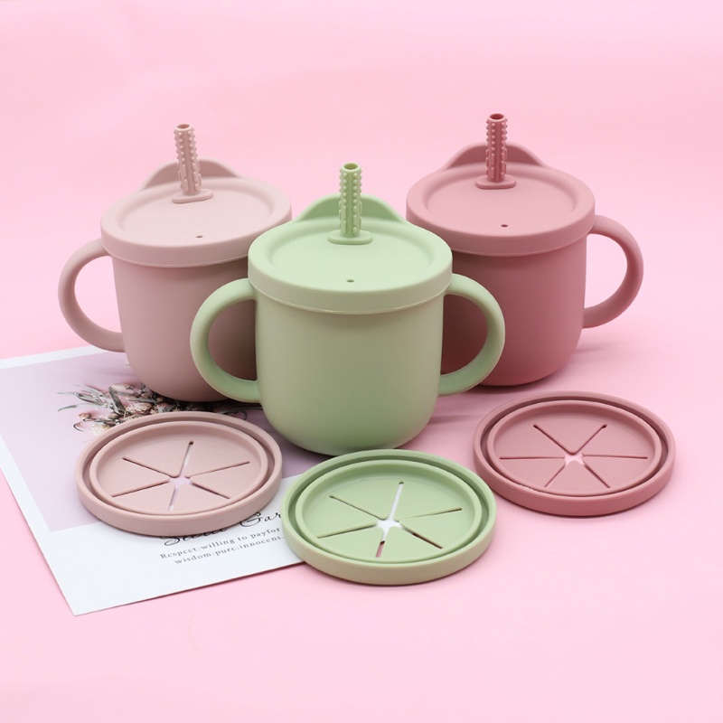 Cốc Uống Nước Silicone 300ml Nhỏ Gọn Có Tay Cầm Và Ống Hút Đôi Dành Cho Trẻ Sơ Sinh