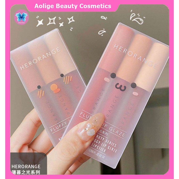 Son nội địa trung quốc 💕𝑭𝒓𝒆𝒆𝒔𝒉𝒊𝒑💕 Set 3 cây son kem lì Herorange Fluffy Lip Glaze - son dưỡng môi chính hãng có màu A&B. | Thế Giới Skin Care